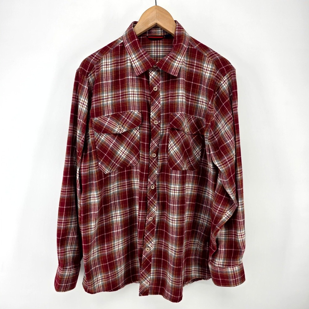 Design In Italy Flannel Shirt Mens L Red Plaid Long Sleeve Button Down Pockets